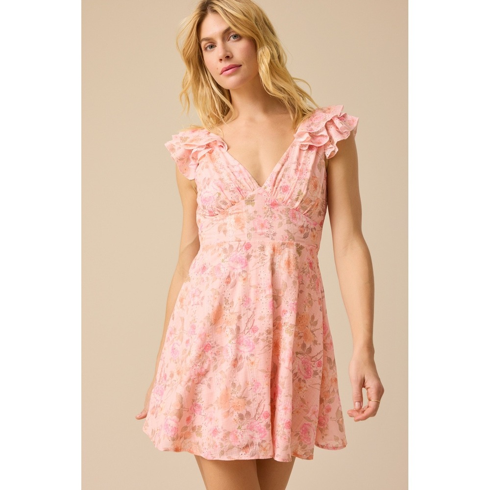 Altar'd State Floral Eyelet Mini Dress Pink Multi Ruffle Back Tie Size XXS